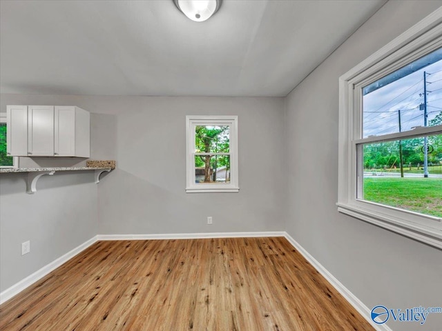 spare room with baseboards and light wood-style flooring