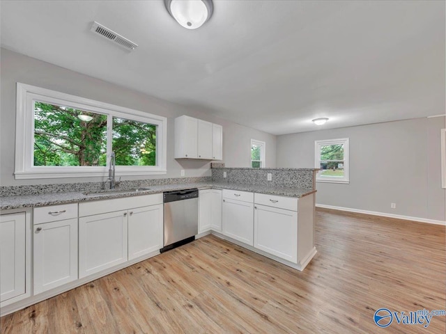 kitchen featuring stainless steel dishwasher, visible vents, a peninsula, white cabinets, and a sink