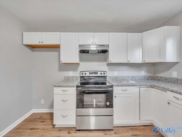kitchen featuring under cabinet range hood, white cabinetry, light wood finished floors, and stainless steel range with electric stovetop