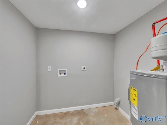 laundry room with electric dryer hookup, laundry area, baseboards, and electric water heater