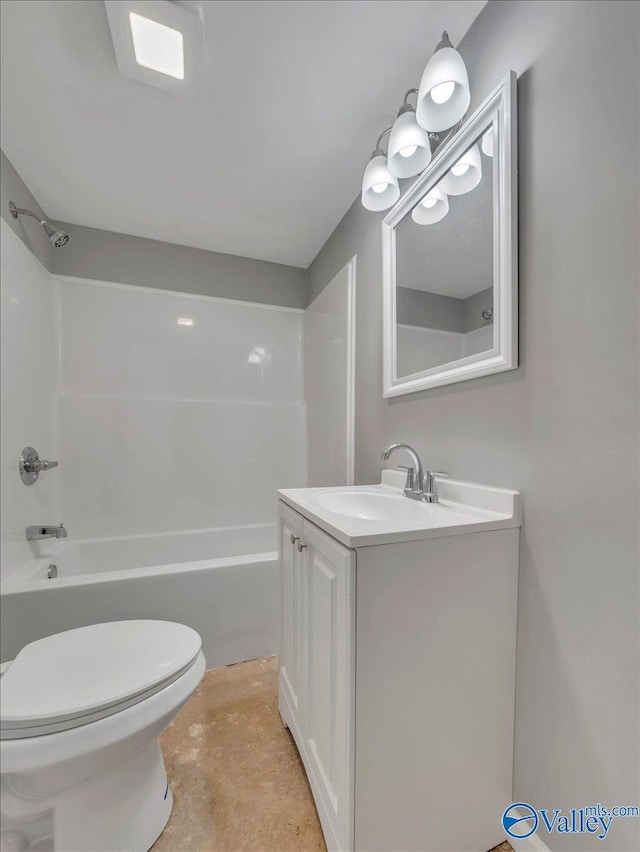 full bathroom with shower / bath combination, vanity, concrete flooring, and toilet