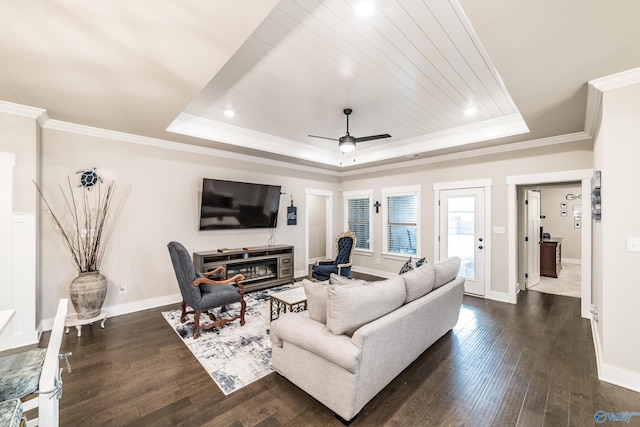 living room with dark hardwood / wood-style floors, ceiling fan, a raised ceiling, and ornamental molding