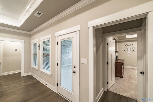 entryway featuring dark hardwood / wood-style flooring and crown molding