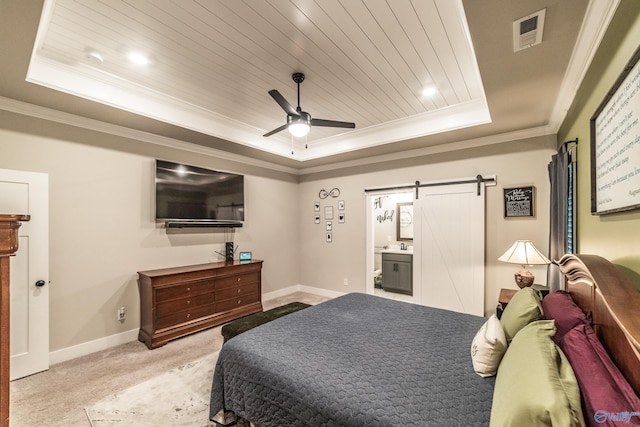 bedroom with light carpet, a barn door, a raised ceiling, and ceiling fan