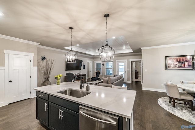 kitchen with dishwasher, decorative light fixtures, dark hardwood / wood-style floors, and sink