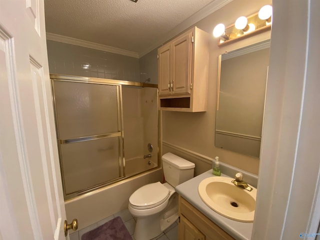 full bathroom featuring vanity, crown molding, toilet, enclosed tub / shower combo, and a textured ceiling