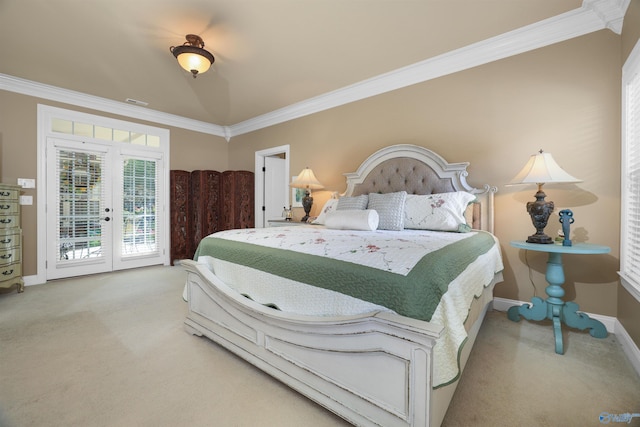 bedroom with light carpet, crown molding, and access to outside