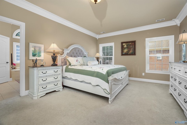 bedroom featuring light colored carpet and crown molding