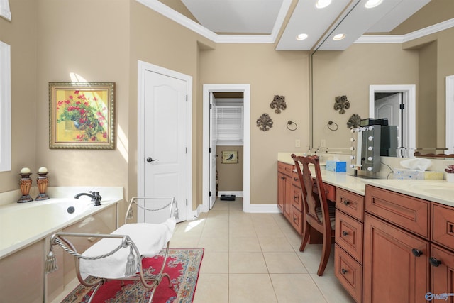 bathroom featuring vanity, ornamental molding, a bath, and tile patterned floors