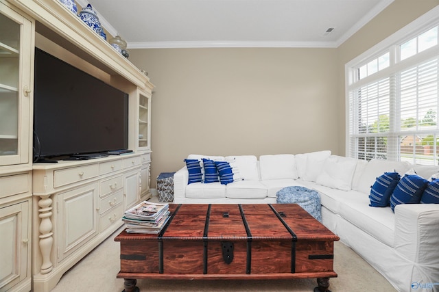 carpeted living room featuring ornamental molding and a healthy amount of sunlight