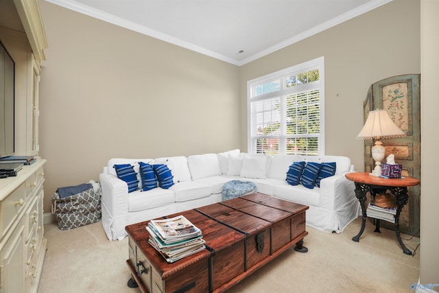 living room with light colored carpet and crown molding