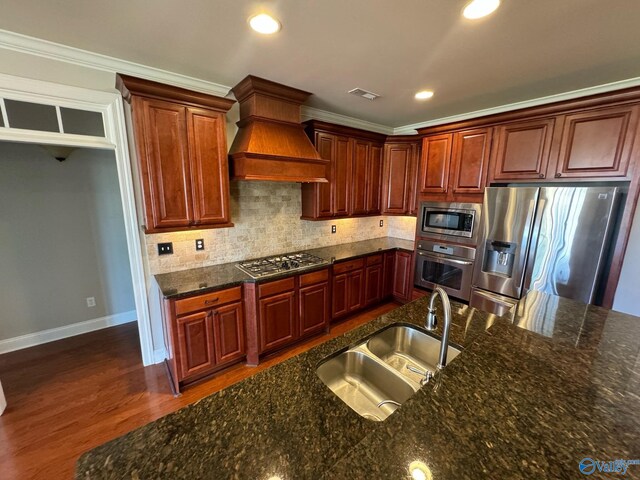 kitchen with sink, appliances with stainless steel finishes, premium range hood, and ornamental molding