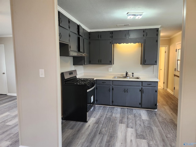 kitchen with stainless steel range with gas cooktop, sink, ornamental molding, dark wood-type flooring, and gray cabinets