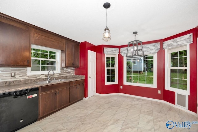 204 Hollington Dr, Huntsville, AL 35811 - kitchen featuring black dishwasher, light marble finish flooring, tasteful backsplash, pendant lighting, and healthy amount of natural light