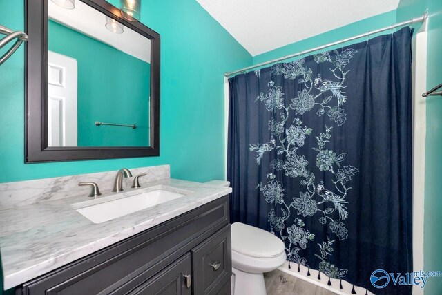 204 Hollington Dr, Huntsville, AL 35811 - bathroom featuring vanity, wood finished floors, and a shower with curtain