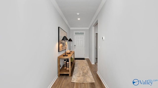 hallway featuring light hardwood / wood-style floors and crown molding