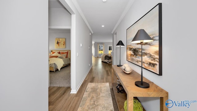 hallway with wood-type flooring and ornamental molding