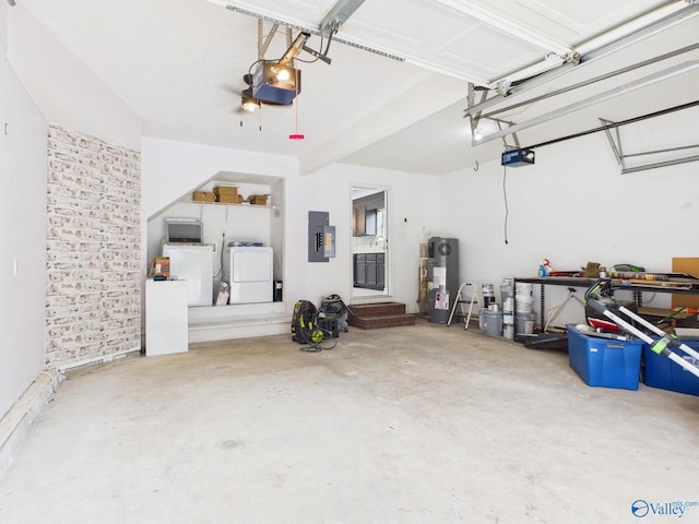 202 Declaration Cir, Madison, AL 35758 - garage with washer and clothes dryer, electric panel, a garage door opener, and electric water heater