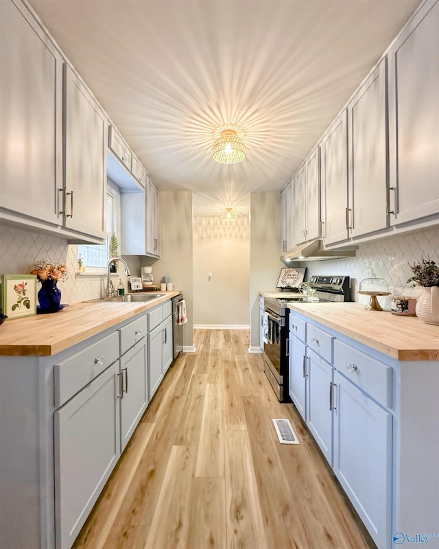 kitchen featuring butcher block countertops, appliances with stainless steel finishes, visible vents, and a sink