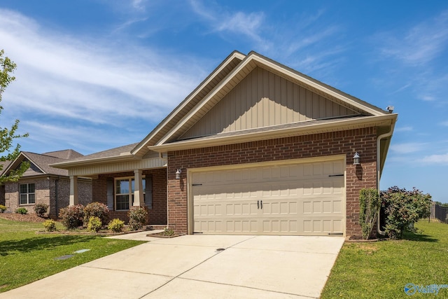 view of front of home with brick siding, a front lawn, an attached garage, and board and batten siding