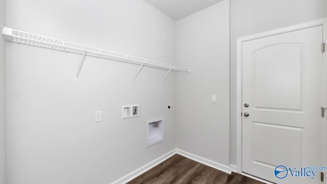 clothes washing area featuring dark wood-type flooring, hookup for a washing machine, and electric dryer hookup