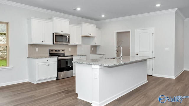 kitchen with white cabinetry, appliances with stainless steel finishes, sink, and a kitchen island with sink