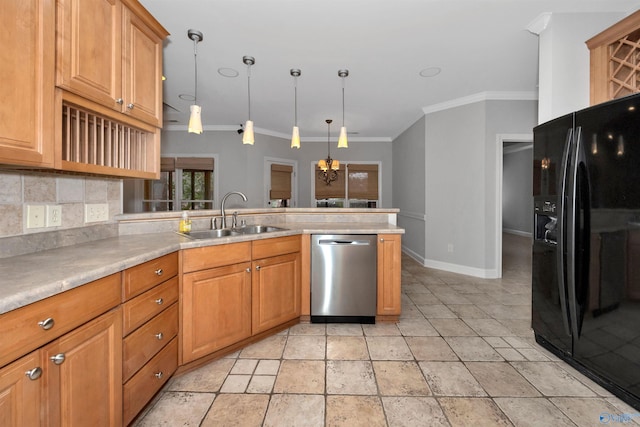 kitchen with sink, crown molding, stainless steel dishwasher, decorative light fixtures, and black fridge with ice dispenser