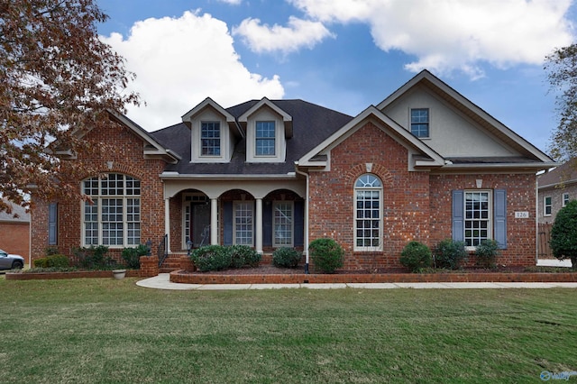 front facade with a porch and a front lawn