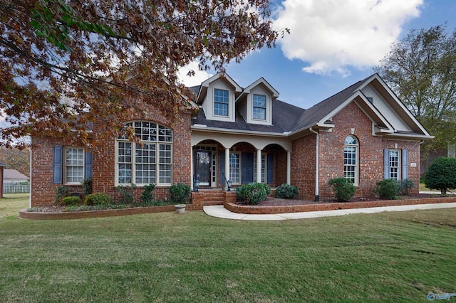 view of front of home with covered porch and a front yard