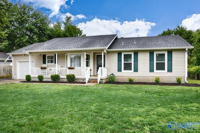 1503 Cedarwood Cir, Huntsville, AL 35803 - ranch-style home featuring covered porch, a garage, a front yard, and roof with shingles