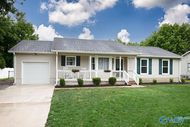 1503 Cedarwood Cir, Huntsville, AL 35803 - ranch-style house featuring covered porch, a garage, concrete driveway, a front lawn, and roof with shingles