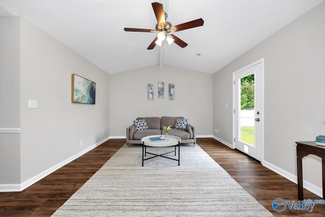 1503 Cedarwood Cir, Huntsville, AL 35803 - living room featuring ceiling fan, dark wood-style floors, and baseboards