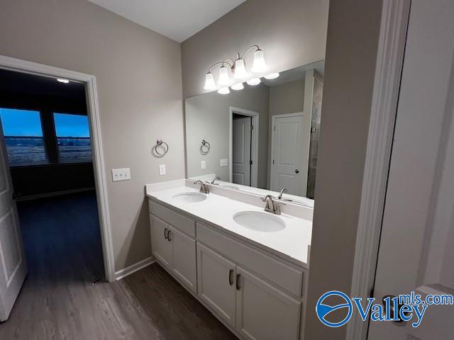 bathroom with vanity and hardwood / wood-style flooring