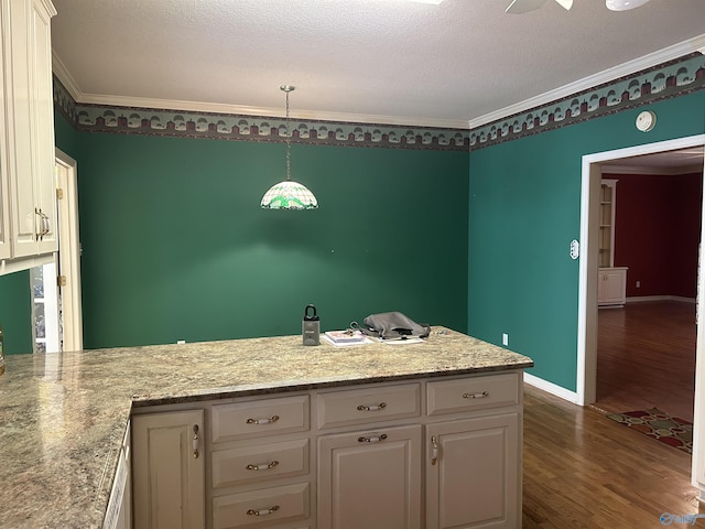 kitchen featuring white cabinetry, light stone counters, decorative light fixtures, and dark wood-type flooring