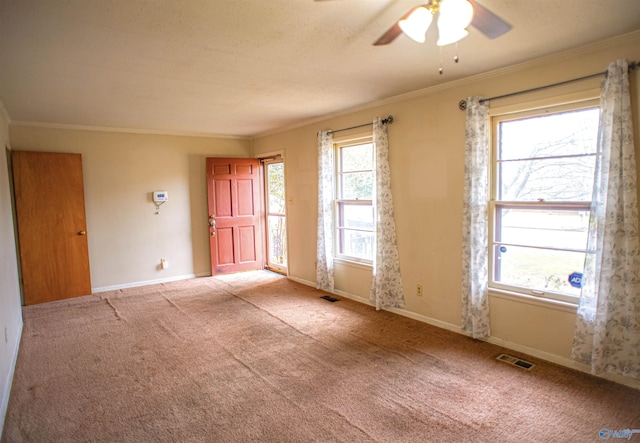 spare room with crown molding, visible vents, a wealth of natural light, and carpet floors