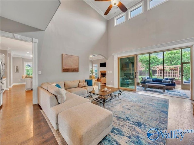 living room featuring ceiling fan, a healthy amount of sunlight, wood finished floors, and a high ceiling