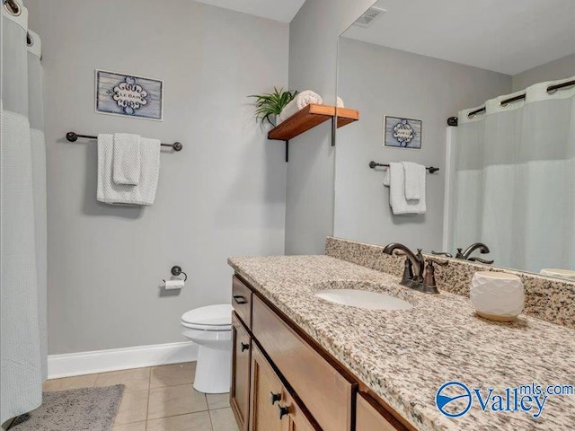 full bathroom featuring vanity, toilet, tile patterned floors, baseboards, and visible vents