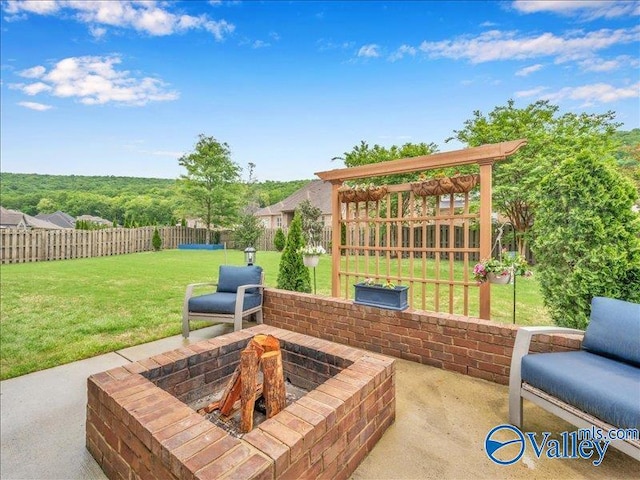 view of patio featuring a fenced backyard and an outdoor fire pit