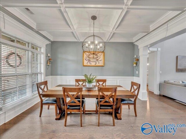 dining space with beam ceiling, a notable chandelier, wood finished floors, and coffered ceiling