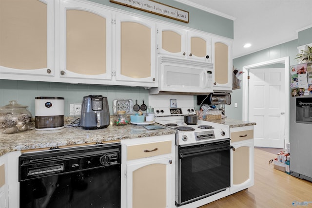 kitchen featuring white cabinetry, stainless steel refrigerator with ice dispenser, black dishwasher, electric stove, and crown molding