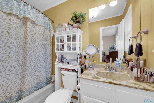 full bathroom with toilet, ornamental molding, shower / bath combination with curtain, and vanity