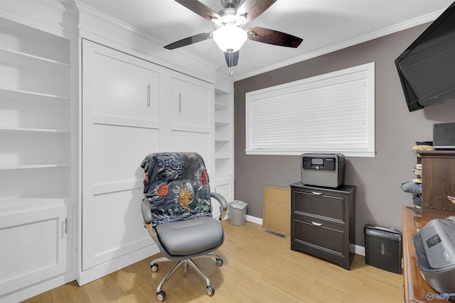 home office with light hardwood / wood-style floors, built in features, ornamental molding, and ceiling fan