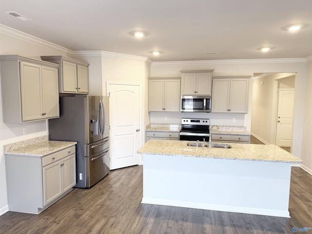 kitchen featuring dark wood-type flooring, visible vents, appliances with stainless steel finishes, and a sink