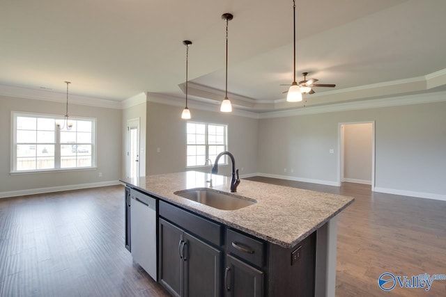 108 Ivy Vine Dr, Toney, AL 35773 - kitchen with a sink, open floor plan, dishwasher, ceiling fan, and dark wood-style flooring