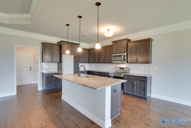 108 Ivy Vine Dr, Toney, AL 35773 - kitchen with stainless steel appliances, backsplash, a sink, ornamental molding, and dark brown cabinets