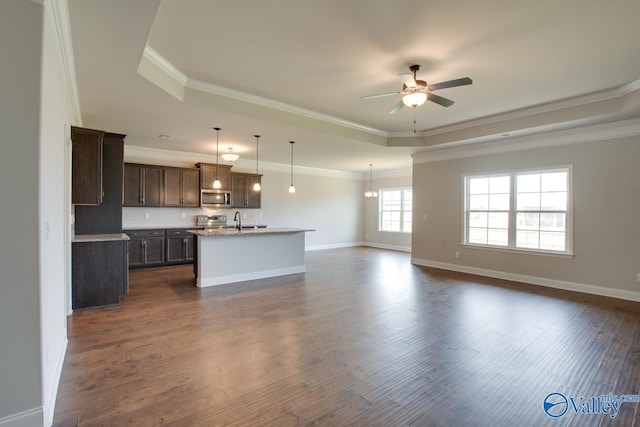 108 Ivy Vine Dr, Toney, AL 35773 - unfurnished living room with ceiling fan, a sink, ornamental molding, a tray ceiling, and baseboards