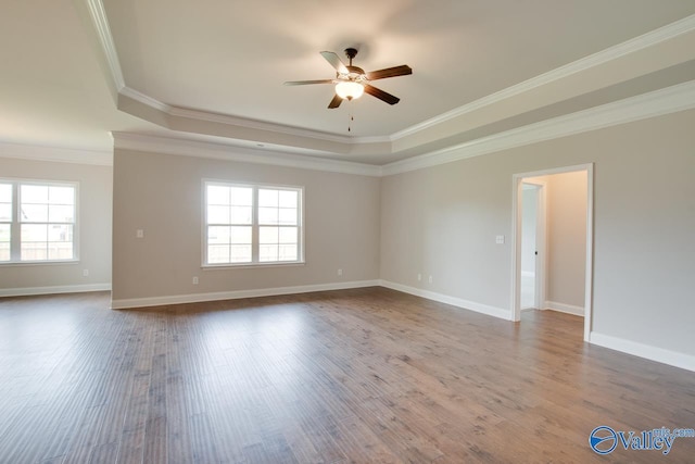 108 Ivy Vine Dr, Toney, AL 35773 - unfurnished room with a tray ceiling, a ceiling fan, ornamental molding, wood finished floors, and baseboards
