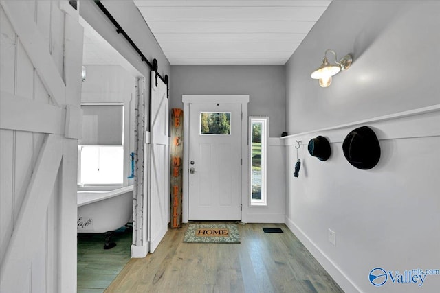 entryway with hardwood / wood-style floors, a barn door, and a healthy amount of sunlight