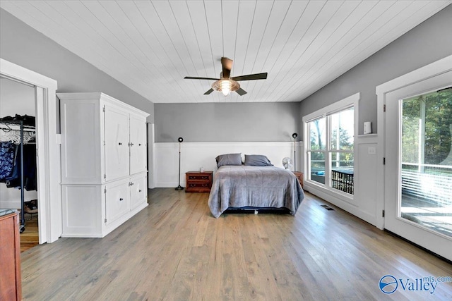 bedroom featuring access to outside, ceiling fan, wood ceiling, and light hardwood / wood-style floors