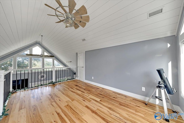 unfurnished living room featuring ceiling fan, wooden ceiling, vaulted ceiling, and hardwood / wood-style flooring